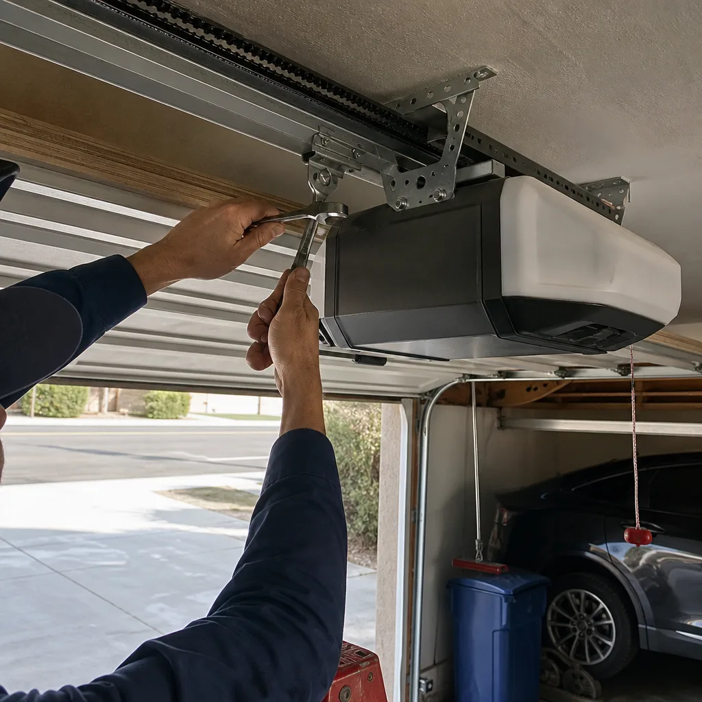Technician using a wrench for garage door opener repair and installation.