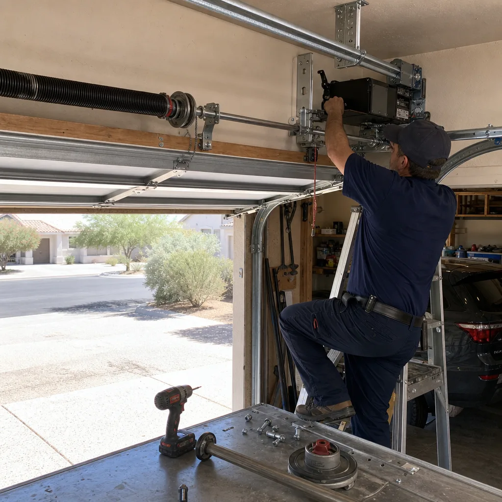 Technician performing garage door opener repair and installation services