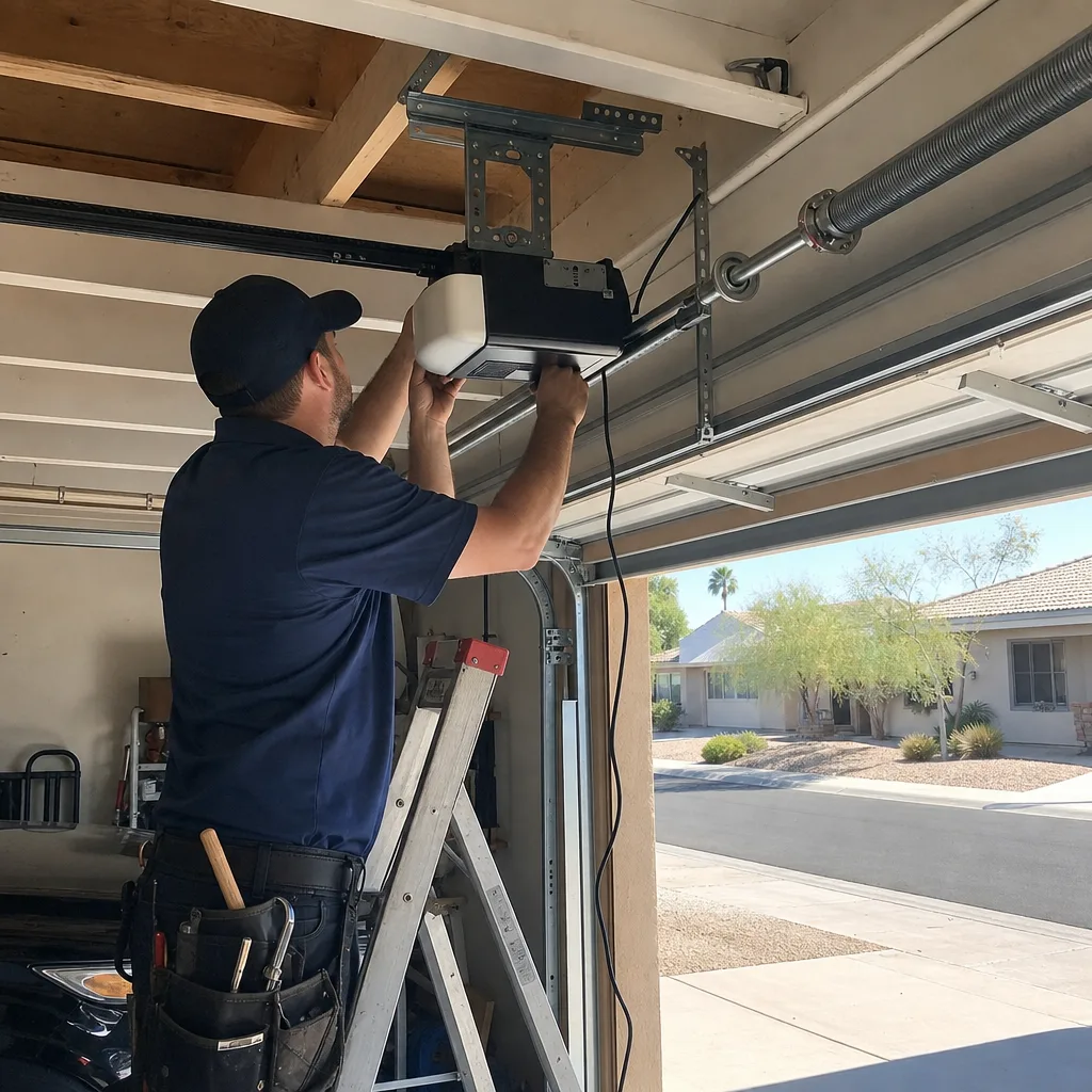Professional technician performing garage door opener repair and installation
