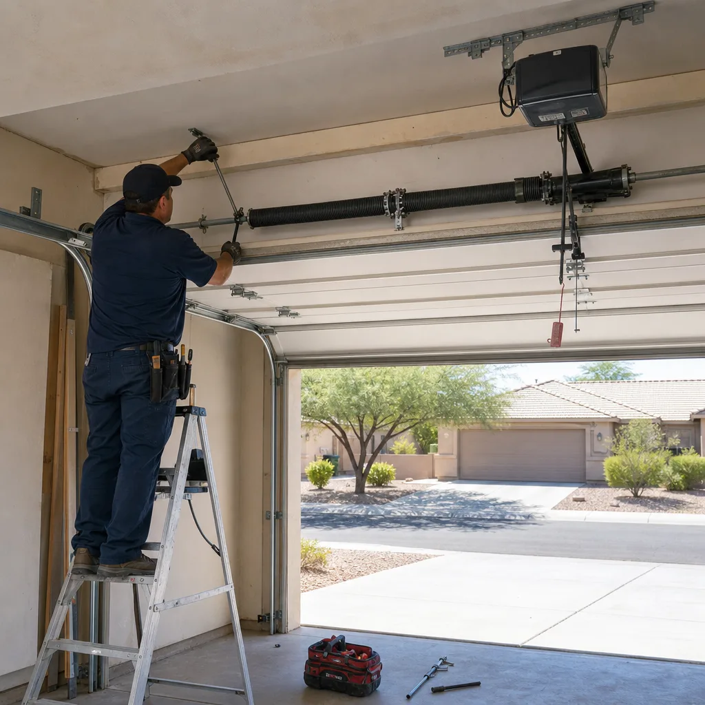 Technician performing garage door spring repair on a ladder