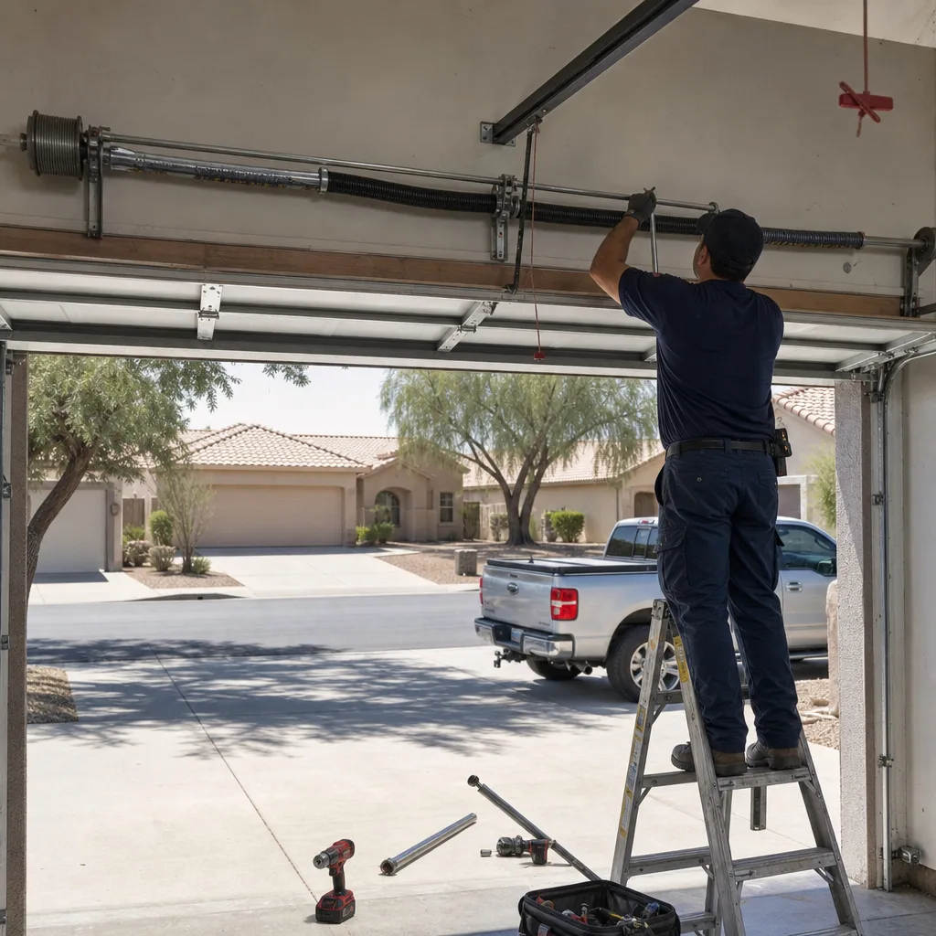 Technician performing professional garage door spring repair and maintenance