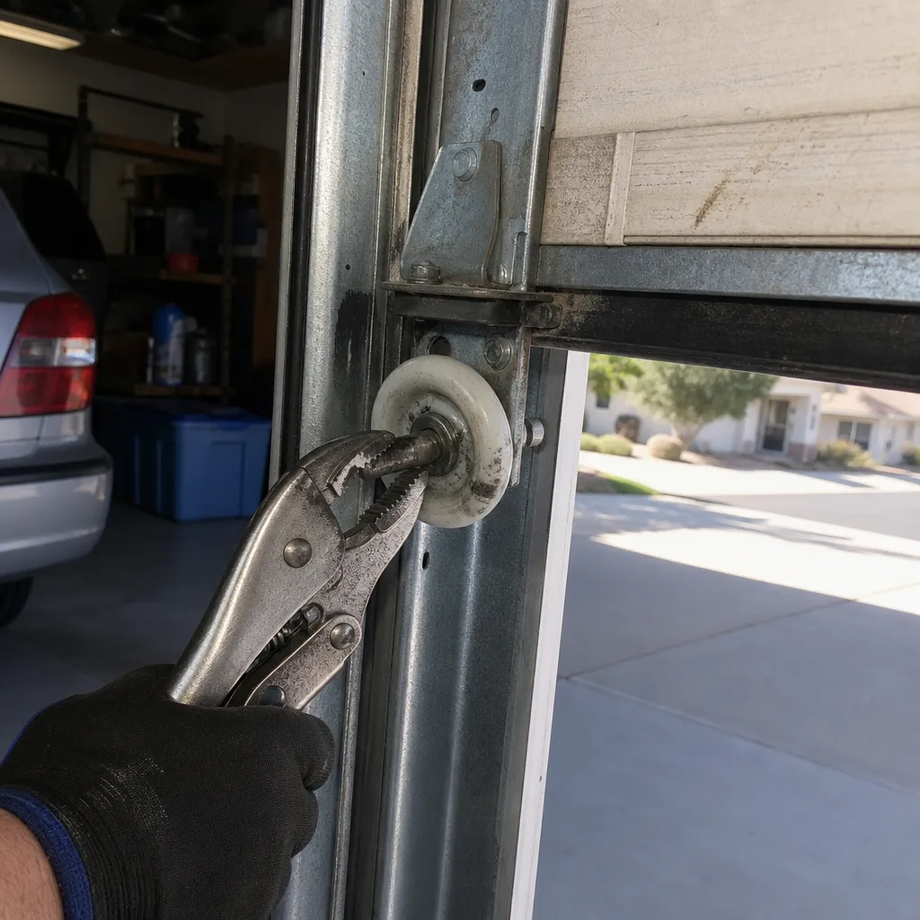 Technician using pliers to repair a garage door roller