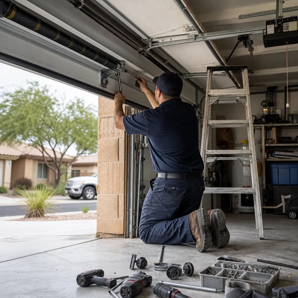 Technician performing professional garage door parts repair and maintenance in Mesa, AZ